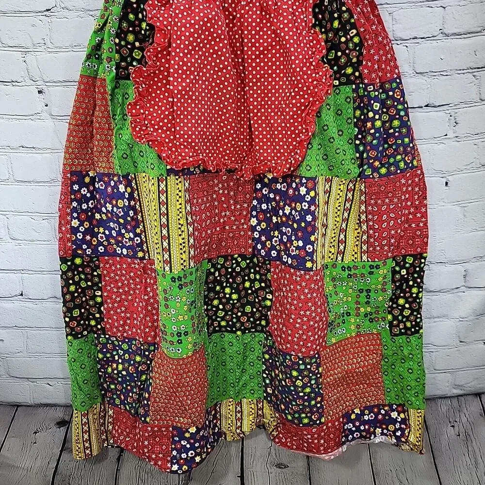 Vintage 70s‎ Patchwork Apron Full Colorblock Housedress Prairie Cottagecore Flaw